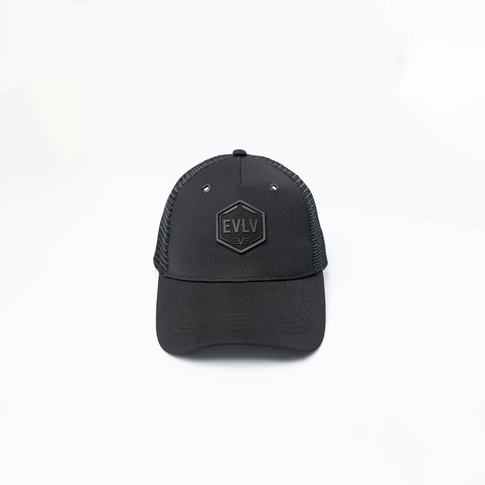 Evolve Black Polyester Trucker Cap.Rubber Badge.