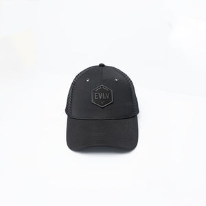 Evolve Black Polyester Trucker Cap.Rubber Badge.